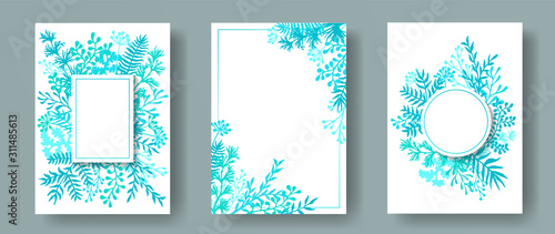 Cute herb twigs, tree branches, leaves floral invitation cards set. Herbal fr...