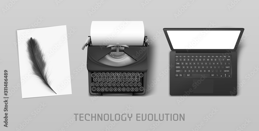 Technology evolution from ancient feather to vintage typewriter and ...