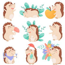 Cartoon Hedgehog Character Holding Apple And Flowers Vector Set