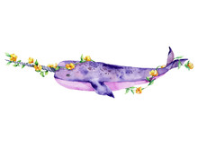 Cute Narwhal With Wreath Of Yellow Flowers; Watercolor Hand Draw Illustration; With White Isolated Background