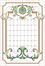 Stained-glass Window Decoration Panel In A Rectangular Frame, Abstract Floral Arrangement Of Buds And Leaves In The Baroque Style. Stained Glass Colorful Vector.