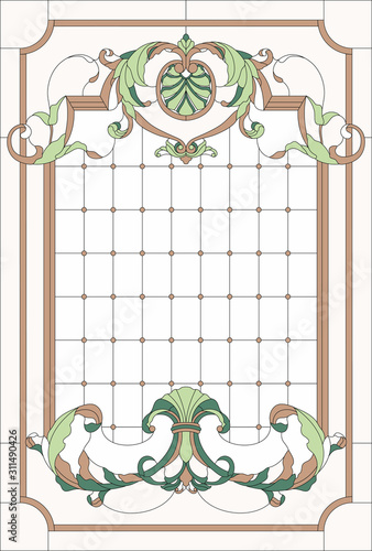 Fotomural Stained-glass window decoration panel in a rectangular frame, abstract floral arrangement of buds and leaves in the baroque style