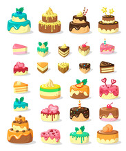 Layered Cakes And Slices Flat Vector Illustration Set
