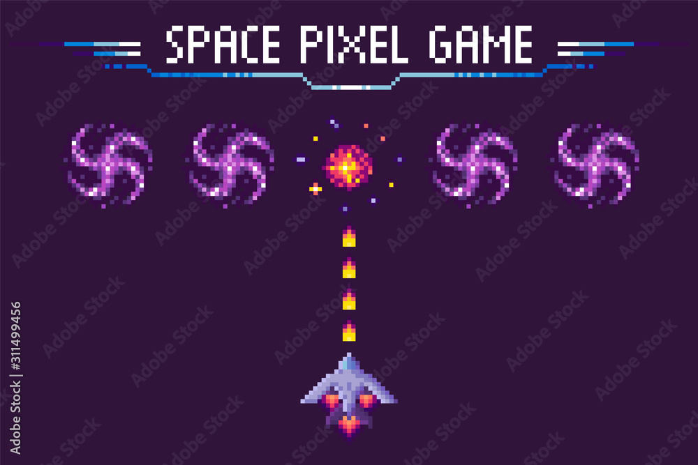 Spaceship shooting to cosmic sign, space pixel game, invader ship with ...