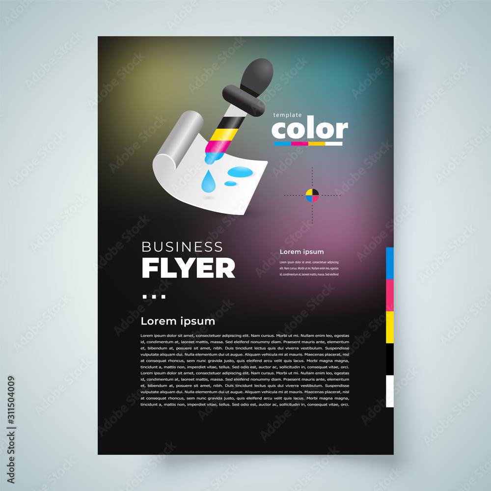 Polyraphy Flyer polygraphy theme, cmyk pipette and blank black background Stock ...