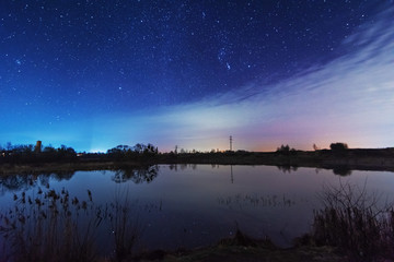 Wall Mural - A magical starry night on the river bank with a large tree and a milky way in the sky and falling stars in the summer.	