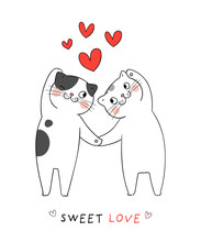 Draw Couple Love Of Cat With Red Heart For Valentine.