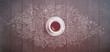 © kirasolly - Coffee concept on wooden background - white coffee cup, top view with doodle illustration about coffee, beans, morning, espresso in cafe, breakfast. Morning coffee illustration. Hand draw and coffee