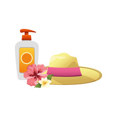 Sticker - women beach hat with sun bronzer bottle icon, colorful design