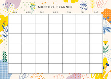 Cute Printable Monthly Planner With Flower Illustrations And Abstract Design Elements. Vector