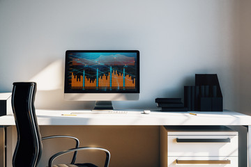 Wall Mural - Cabinet desktop interior with financial charts and graphs on computer screen. Concept of stock market analysis and trading. 3d rendering.