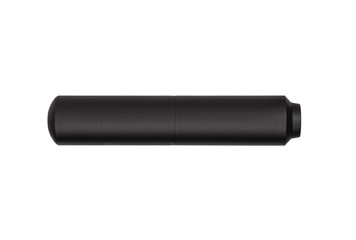 Black silencer for weapons. Suppressor that is at the end of an assault rifle.