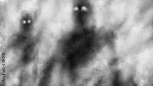Fotomural Two scary shadows emerge from the fog and look with glowing eyes.