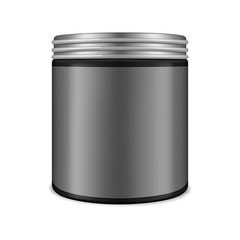 Wall Mural - Black round cosmetic jar with screw lid and blank label, realistic mockup. Round container, vector mock-up. Beauty or medical product packaging, template