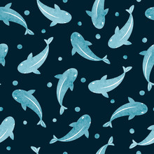 Seamless Sea Pattern With Blue Watercolor Fish Silhouettes. Marine Illustration.