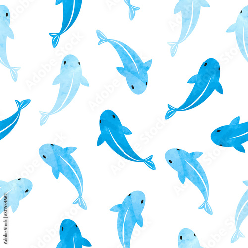 Seamless sea pattern with blue watercolor fish silhouettes.