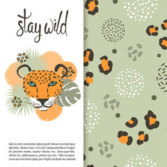 Cute leopard with tropical leaves. Stay wild lettering. Animal pattern.