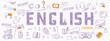 Header for websites about learning English language with outline icons, symbols, signs on white background. Illustration of book, dictionary, vocabulary, speaking, reading, writing, listening skills