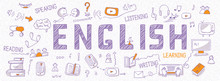 Header For Websites About Learning English Language With Outline Icons, Symbols, Signs On White Background. Illustration Of Book, Dictionary, Vocabulary, Speaking, Reading, Writing, Listening Skills