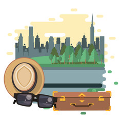 Sticker - world travel scene with suitcase and set icons