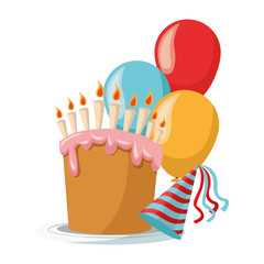 Sticker - birthday cake with balloons and party hat, colorful design