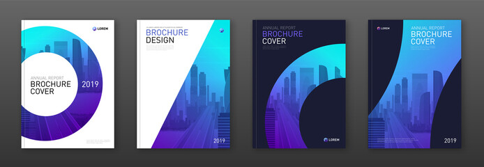 Wall Mural - Brochure cover design layout set for business and construction. Abstract geometry whith colored cityscape vector illustration on background. Good for annual report, industrial catalog design.