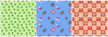Christmas Pattern. Winter Holiday Wallpaper. Seamless Texture For The New Year. Santa Claus With A Bag Of Gifts. Christmas Decorations