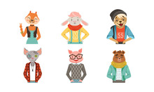 People With Animal Heads Vector Set. Mammal Characters Wearing Trendy Clothes