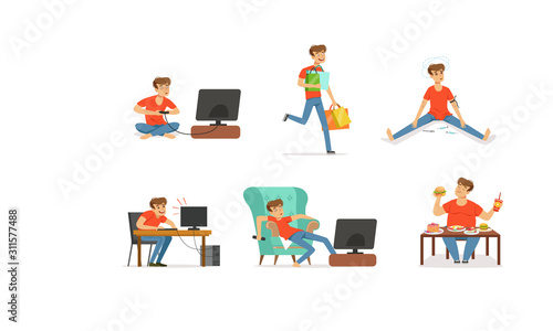 Cuadros en Lienzo Young Man Having Bad Habits Vector Illustrations Set