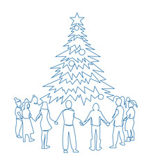 Unity, company of people around the Christmas tree continuous one line drawing. Friends holding hands together. New Year party