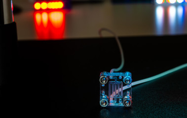 Canvas Print - Organ-on-a-chip (OOC) - microfluidic device chip that simulates biological organs that is type of artificial organ. Prototype of design lab-on-a-chip in microfluidic laboratory