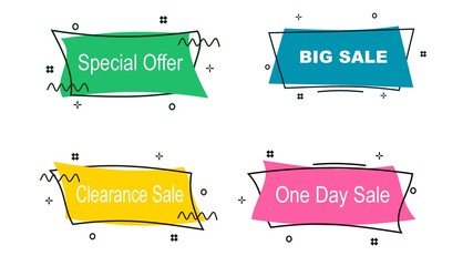 Wall Mural - Flat linear promotion ribbon banner, price tag, sticker, badge, poster. Vector illustration