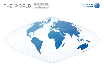 vector map of the world. sinusoidal projection of the world. blue shades colored polygons. modern ve