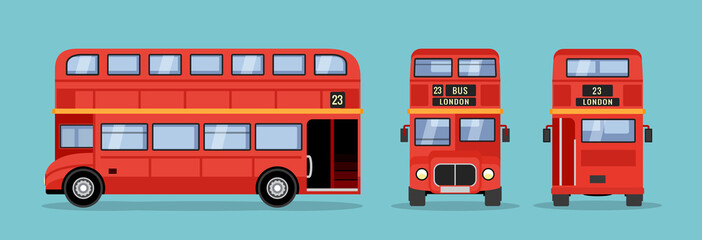 London double decker red bus cartoon illustration, English UK british tour front side isolated flat bus icon