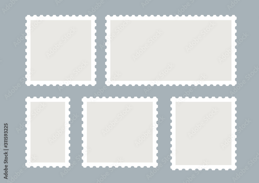 Blank postage stamps vector set isolated. Mark mail letter stamps design. Postal frame sticker - obrazy, fototapety, plakaty 