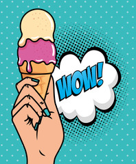 hand with ice cream and wow expression pop art style vector illustration design