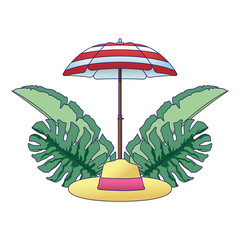 Canvas Print - parasol with beach hat and tropical leaves icon