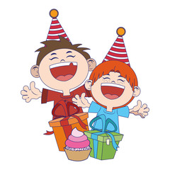 Wall Mural - cartoon happy boys with birthday gifts boxes icon