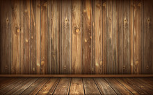 Wooden Wall And Floor With Aged Surface, Realistic Vector Illustration. Vintage Wall And Floor Made Of Darkened Wood, Realistic Plank Texture. Empty Room Interior Background