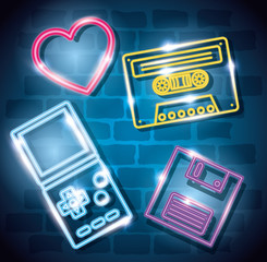 Sticker - set of objects retro of neon light vector illustration design