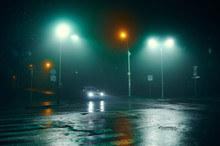 Fog In The Night City After Rain, Car Headlights