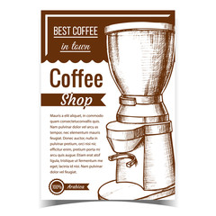 Canvas Print - Espresso Energy Drink Brew Machine Banner Vector. Modern Electric Coffee Machine With Grinder For Make Brewed Coffee. Home Tool Layout Designed In Vintage Style Monochrome Illustration