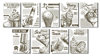 Canvas Print - Assortment Frozen Ice Cream Set Posters Vector. Wafer Cone, Caramel Eskimo Or Chocolate Glaze Sundae With Nuts, Whipped Cream And Fruit Concept. Designed Template Monochrome Illustrations