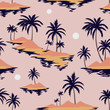 © Galakam - Vintage seamless island pattern. Colorful summer tropical background. Landscape with palm trees, beach and ocean. Flat design, vector. Good for textile, fabric, t-shirt, wallpaper, wrapping.