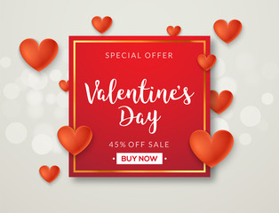 Sticker - Valentines day sale vector banner background with hearts. Valentine discount holiday poster template for promo sale