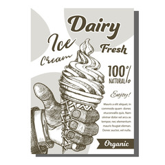 Canvas Print - Man Hand Holding Ice Cream Cone Poster Vector. Delicious Sweet Cool Dessert Ice Cream Scoop In Waffle Gelato Cornet Concept. Refreshing Dairy Soft Tasty Summer Food Monochrome Template Illustration