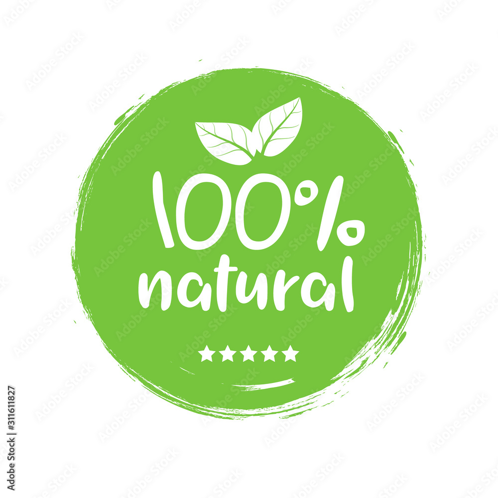 100 natural organic stamp food badge. Eco Nature green icon product label or logo typography - obrazy, fototapety, plakaty 