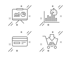 Wall Mural - Presentation, Report timer and Credit card line icons set. Shopping sign. Board with charts, Growth chart, Card payment. Add to cart. Finance set. Line presentation outline icon. Vector