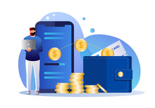 Online Money Transfer, Mobile Payments Vector Illustration Concept With Smartphone And Wallet , Can Use For Landing Page, Template, Ui, Web, Mobile App, Poster, Banner, Flyer
