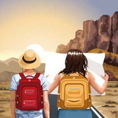 Wall Mural - traveler man and woman with backpacks over western landscape background
